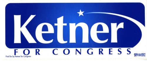 Blue and white "Ketner for Congress" bumper sticker